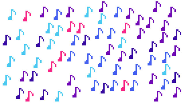 Retro Pixel Art Music Notes Pattern with Colorful Eighth Notes on White Background