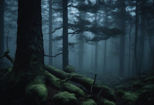 Dark misty pine forest at night with pale moonlight breaking through fog between tall trees, moody mysterious atmosphere in deep blue and teal tones