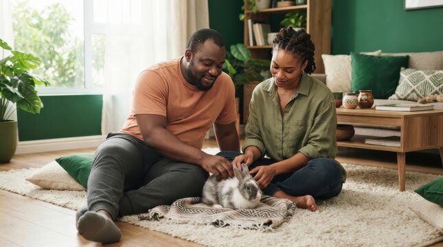 A Loving Moment: A Black couple tenderly interacts with their pet rabbit on the floor of their cozy, plant-filled living room, embodying warmth and domestic bliss.