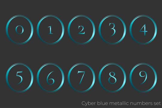 Cyber blue circular futuristic numbers badge, sci-fi tech typography set