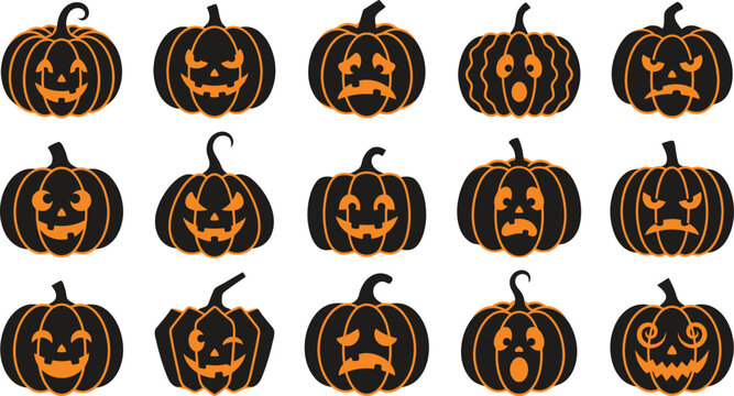 Set of fifteen halloween pumpkin icons with various funny and spooky facial expressions for holiday design elements, vector illustration