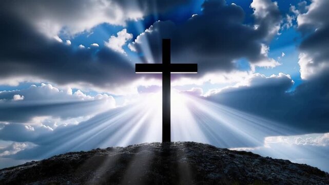 A dark cross stands silhouetted against a dramatic sky, with sunbeams breaking through the clouds. ..Created with Generative AI, not depicting real subjects.