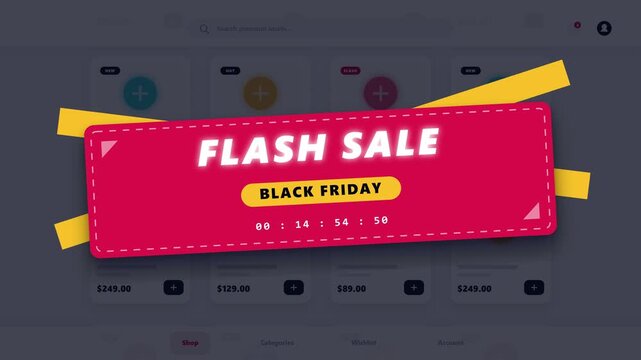 Digital user interface mockup featuring a seasonal retail promotion banner with a countdown timer on a four-column product grid display layout