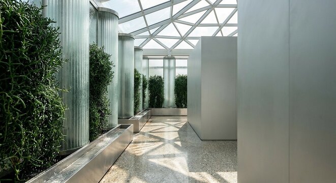 Modern indoor atrium with biomimetic plant water filtration system