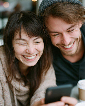 Two smiling people share a joyful moment together. They lean close, eyes closed in laughter. One holds a smartphone, the other leans in. Warm lighting highlights their happy expressions