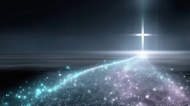 A luminous cross, radiating heavenly light, stands at the end of a sparkling, ethereal path, symbolizing faith and spiritual journey. ..Created with Generative AI, not depicting real subjects.