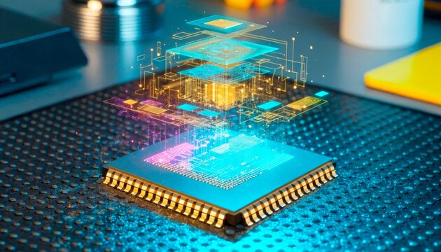 Digital circuit design with floating graphics above a computer chip in a workspace