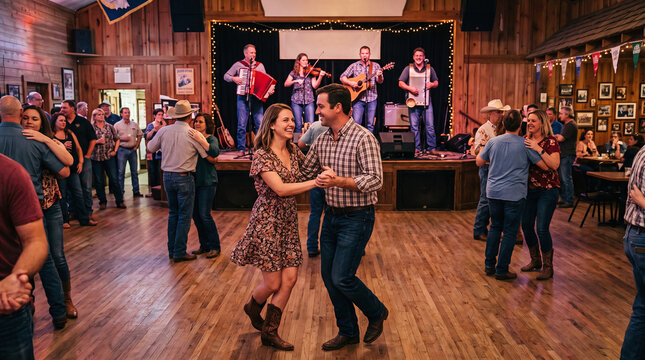 Happy couple dancing a lively Cajun two step with a live band in a dance hall
