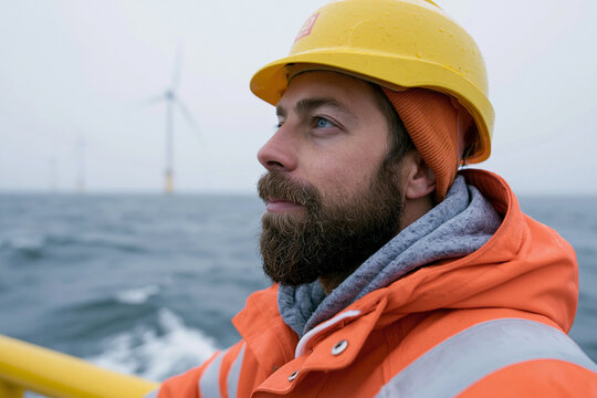 Bearded worker gazes out to sea. Wind turbines stand offshore. Ocean waves churn beneath overcast sky. Worker wears safety gear, yellow helmet. Focused, determined expression, calm resolve
