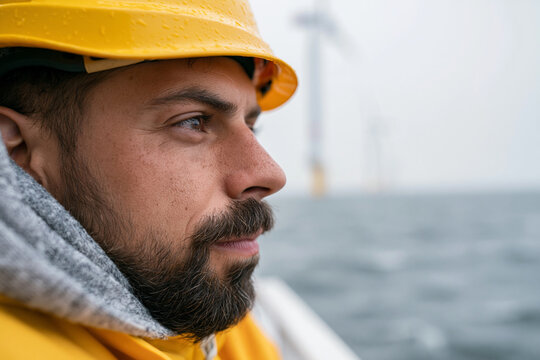 Worker gazes out at ocean with focused intensity. Yellow helmet and jacket suggest offshore work. Wind turbines loom distant against gray sky. Sea churns beneath overcast, muted tones