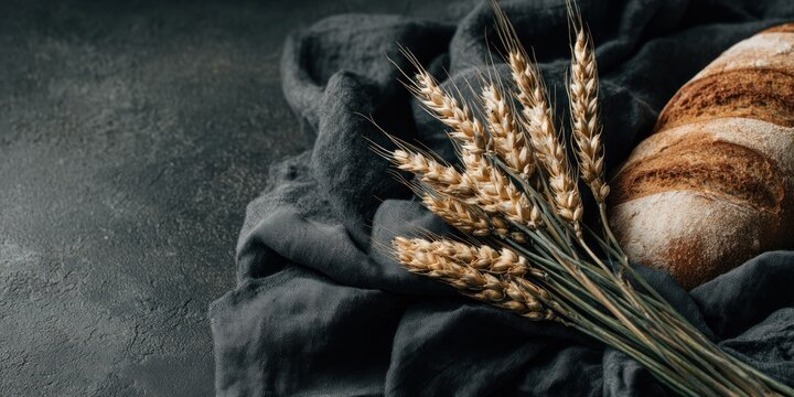 Fresh bread and wheat ears composition on dark cloth background food concept