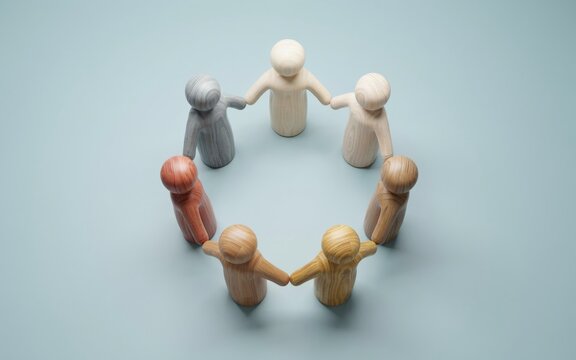 Wooden figurines representing diverse people standing together in a circle formation to symbolize unity community global cooperation and collective teamwork
