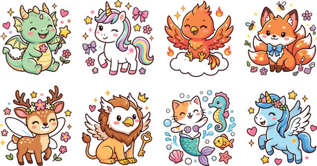 Obraz premium Cute Fantasy Mythical Creature Vector Sticker Set with Kawaii Baby Dragon, Unicorn, Phoenix, Nine Tailed Fox, Griffin, and Mermaid Cat Character Illustrations