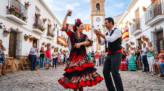 Spanish couple dancing traditional flamenco at a village fiesta celebration