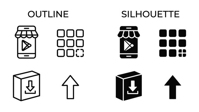 Application Icon Set: A collection of icons representing an online store, app grid, download, and upload functionality.
