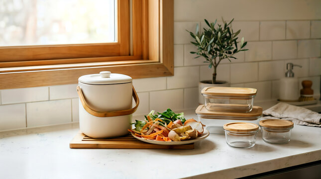 Fresh salad bowl and compost bin on a light kitchen countertop with food prepara