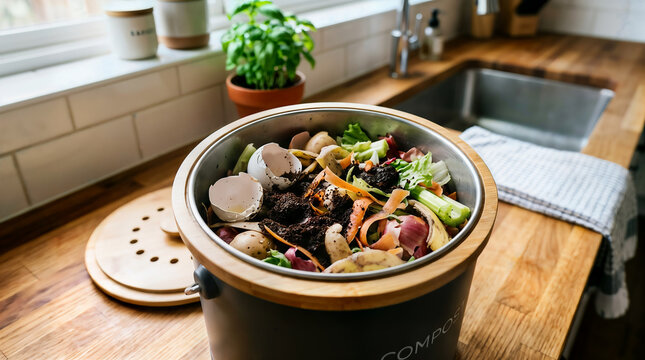Compost bin filled with organic kitchen food scraps on wooden countertop