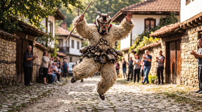 Bulgarian kuker performs traditional jumping dance during Surva festival