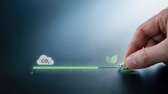 Human hand sliding a virtual control button to reduce carbon dioxide emissions and improve environmental sustainability for a greener future