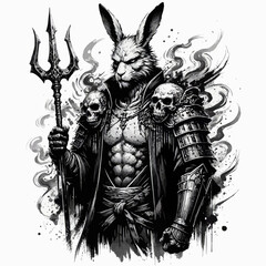 Fototapeta premium Dark fantasy illustration of a muscular, anthropomorphic rabbit demon holding a trident with skulls on its shoulders, in a black and white ink style.