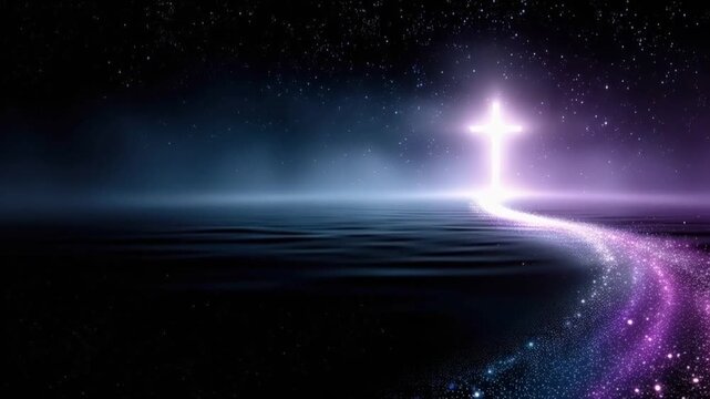 A luminous cross, shaped by starlight and glowing with ethereal light, guides a sparkling path across a celestial expanse. ..Created with Generative AI, not depicting real subjects.