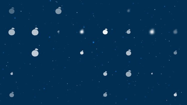 Template animation of evenly spaced orange symbols of different sizes and opacity. Animation of transparency and size. Seamless looped 4k animation on dark blue background with stars
