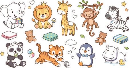 Obraz premium Cute Kawaii Baby Safari Animal Clipart Set featuring Cartoon Newborn Elephant Lion Giraffe Monkey Zebra Panda Tiger and Penguin Characters for Nursery Room Wall Decor and Kids Birthday Graphics