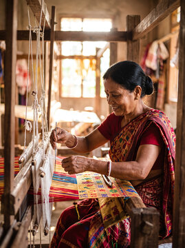 Smiling Assamese woman weaving traditional colorful textile on wooden handloom