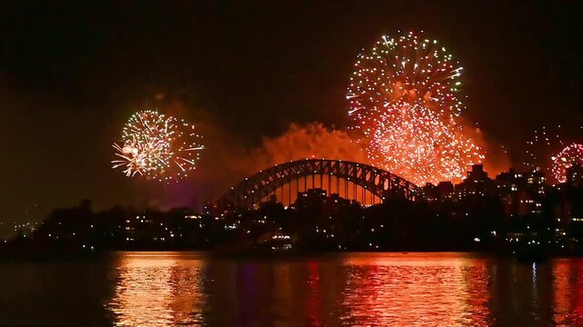 Slow Motion Sydney Harbour Bridge New Year Eve Orange Fireworks Spectacular Display