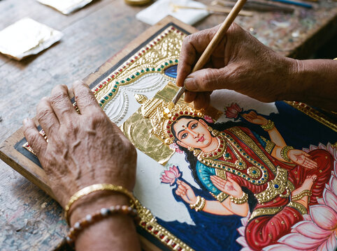 Artisan applying traditional gold foil on Thanjavur painting of Goddess Lakshmi