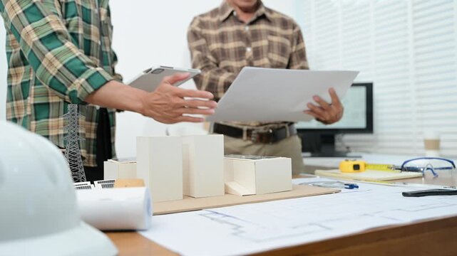 Creative architect projecting on the big drawings with architectural project at construction site at desk in  office