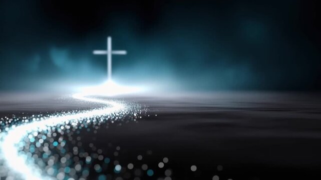 A luminous cross stands as a beacon of hope, with a shimmering path of light leading towards it. ..Created with Generative AI, not depicting real subjects.