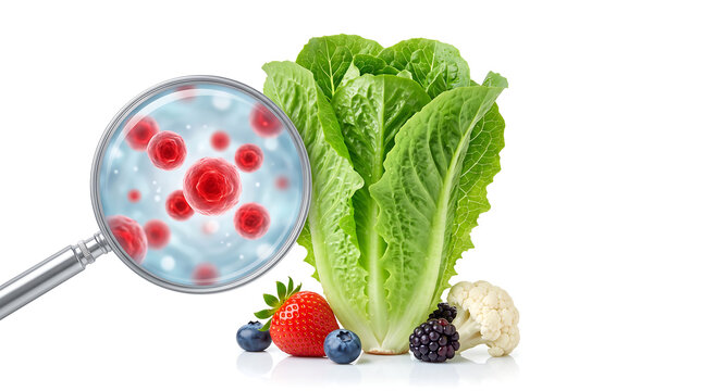 Fresh romaine lettuce with mixed berries and cauliflower examined under a metal magnifying glass lens