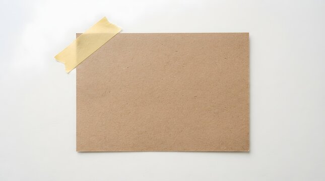 Blank brown kraft paper sheet pinned on white wall with yellow masking tape for creative or packaging design background