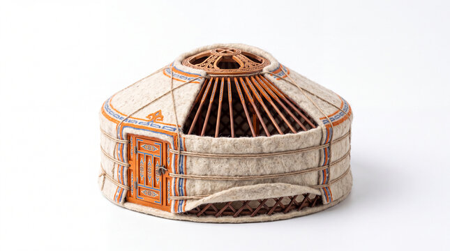Miniature decorative model of a traditional Mongolian yurt isolated on white.