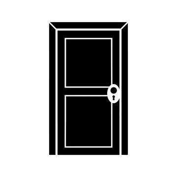 Black door silhouette icon with silver doorknob, simple design.
