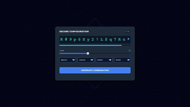 Dark mode user interface featuring a secure password generator with customizable sliders and toggle switches