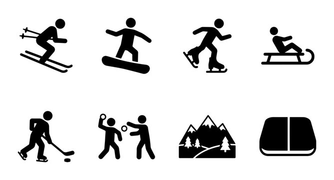 Winter Sports Icons Set: Skiing, Snowboarding, Skating, Sledding, Hockey, Snowball Fight, Mountains, Tent, Vector Graphics