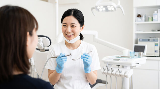 歯科医院で患者に治療器具を説明する笑顔の日本人歯科衛生士