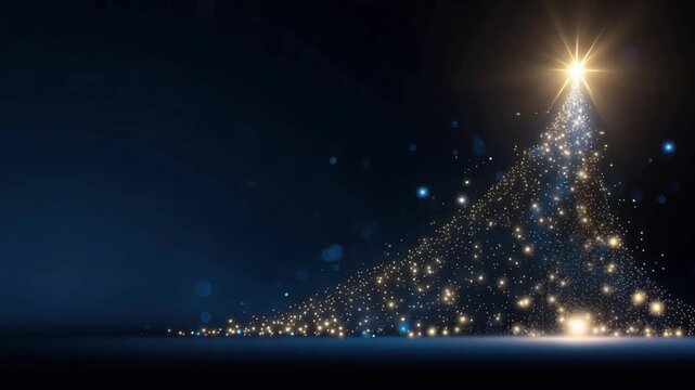 A dazzling Christmas tree formed from shimmering golden light particles ascends against a deep blue background. ..Created with Generative AI, not depicting real subjects.