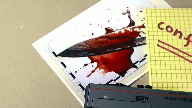 Retro dictaphone with a rolling microcassette tape is recording a confession on a notepad next to evidence from a crime scene, including a bloody knife and forensic photos