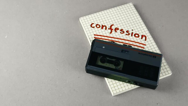Retro microcassette recorder playing and recording audio on a notepad with the word confession written in red. Law enforcement, investigation, and espionage concept with old technology