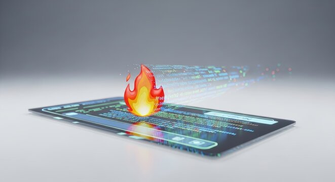Digital tablet with holographic fire icon and streaming program code