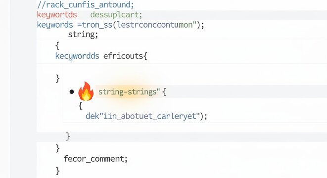 Programming code editor screen with highlighted string syntax and flame emoji icon