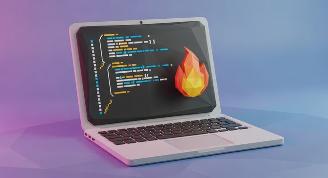 3D Rendered Laptop With Programming Code and Fire Icon on Screen