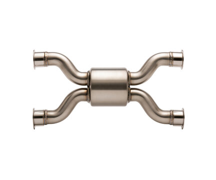 Stainless steel automotive exhaust muffler component isolated on a white background