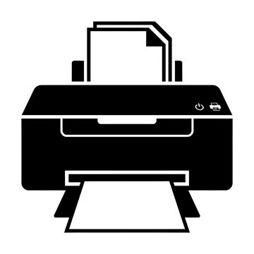 Printer printing document for office use and home, black icon.