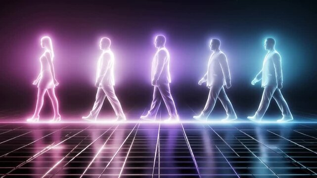 Futuristic figures walk in a line, bathed in vibrant neon pink and blue light, casting glowing reflections on a grid floor. ..Created with Generative AI, not depicting real subjects.