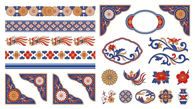 Japanese Arita Imari Porcelain Decorative Vector Elements Set