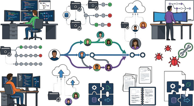 DevOps Software Development Workflow Vector Set with Programmers Cloud Architecture Coding Git Branch Pipelines Database Security and Bug Fixing Infographics